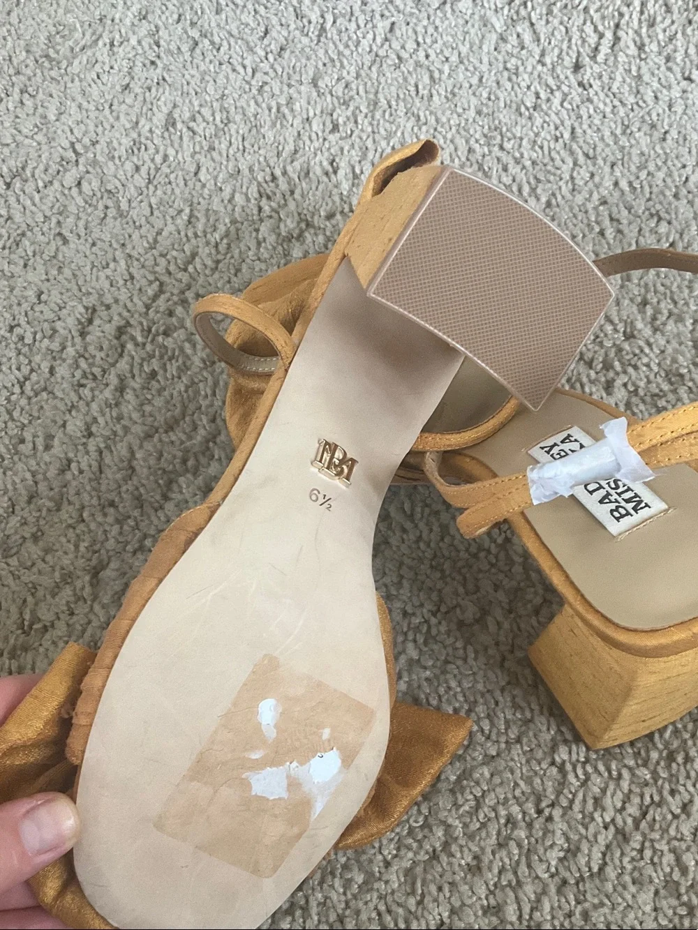Badgley Mischka Mustard Bow Block Heel Ankle-Strap Sandal